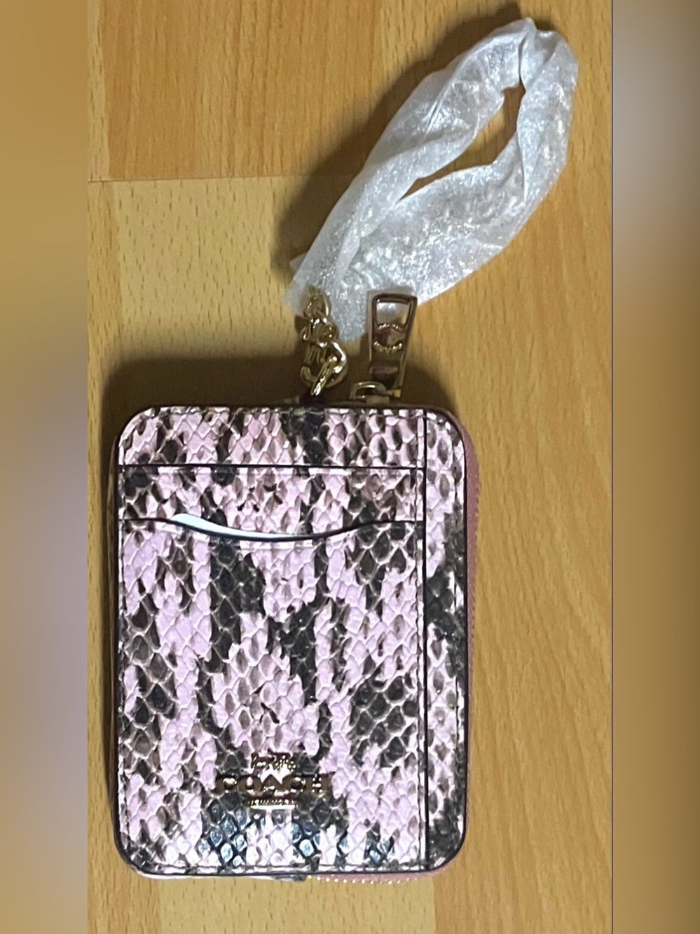 Coach Pink Multi Snake-Print Card Case with Gold Chain Wristband
